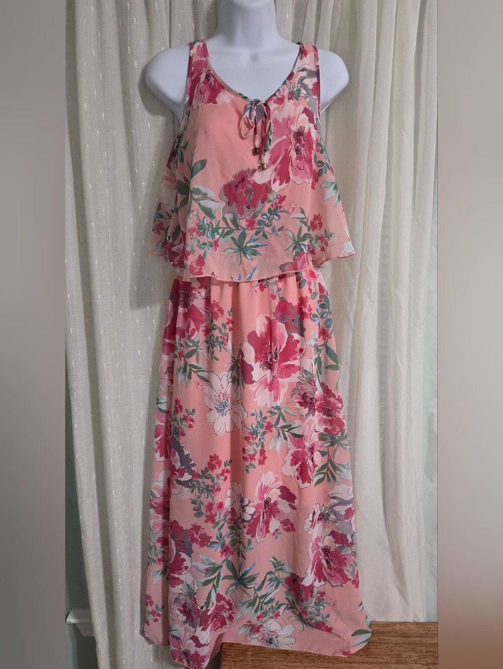 Robert Louis Floral Pink Tiered Maxi Dress with Tie-Front